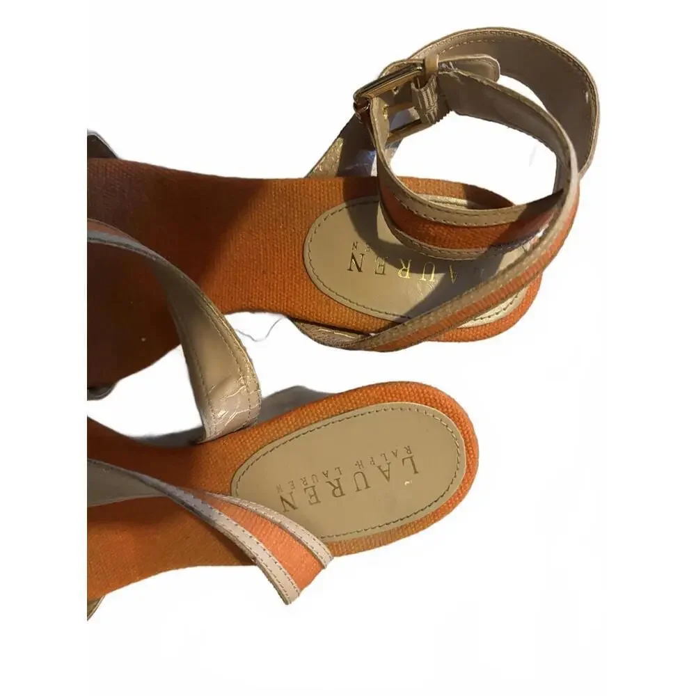 Ralph Lauren Beige and Orange Wedge Sandals Buckle Straps 7 - Picture 6 of 8